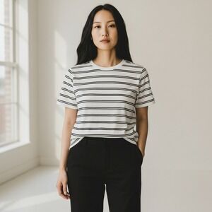 Time and Tru Womens L 12-14 Striped Short Sleeve Crewneck T-Shirt Black White